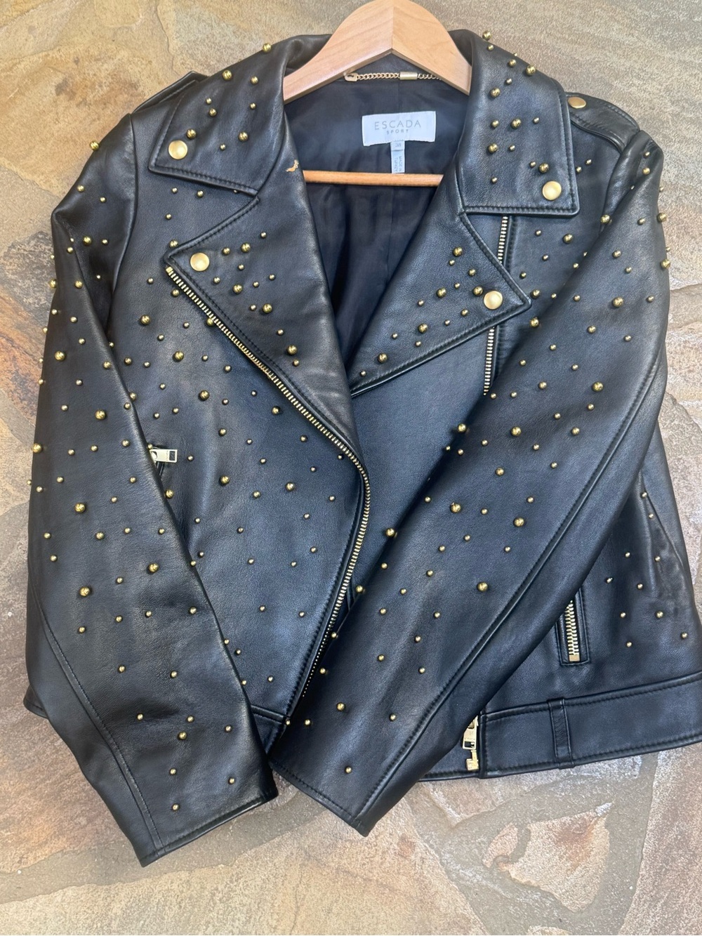ESCADA Sport Black Leather Studded Moto Jacket Gold Hardware Size 38